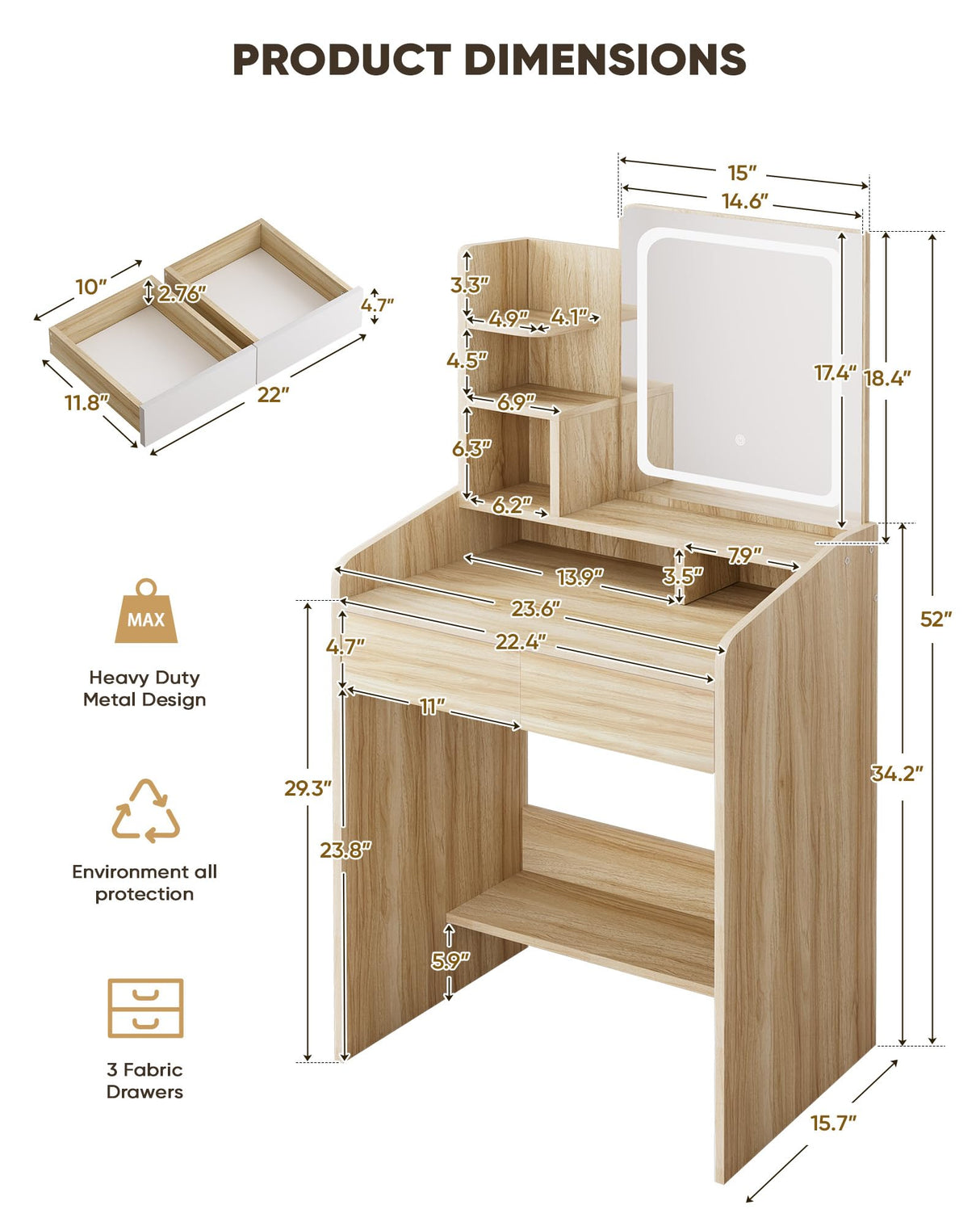 LIVELYGLOW Small Vanity Desk Set with Square Mirror and Light- Vanity Desk with Drawers- Wood LIVELYGLOW