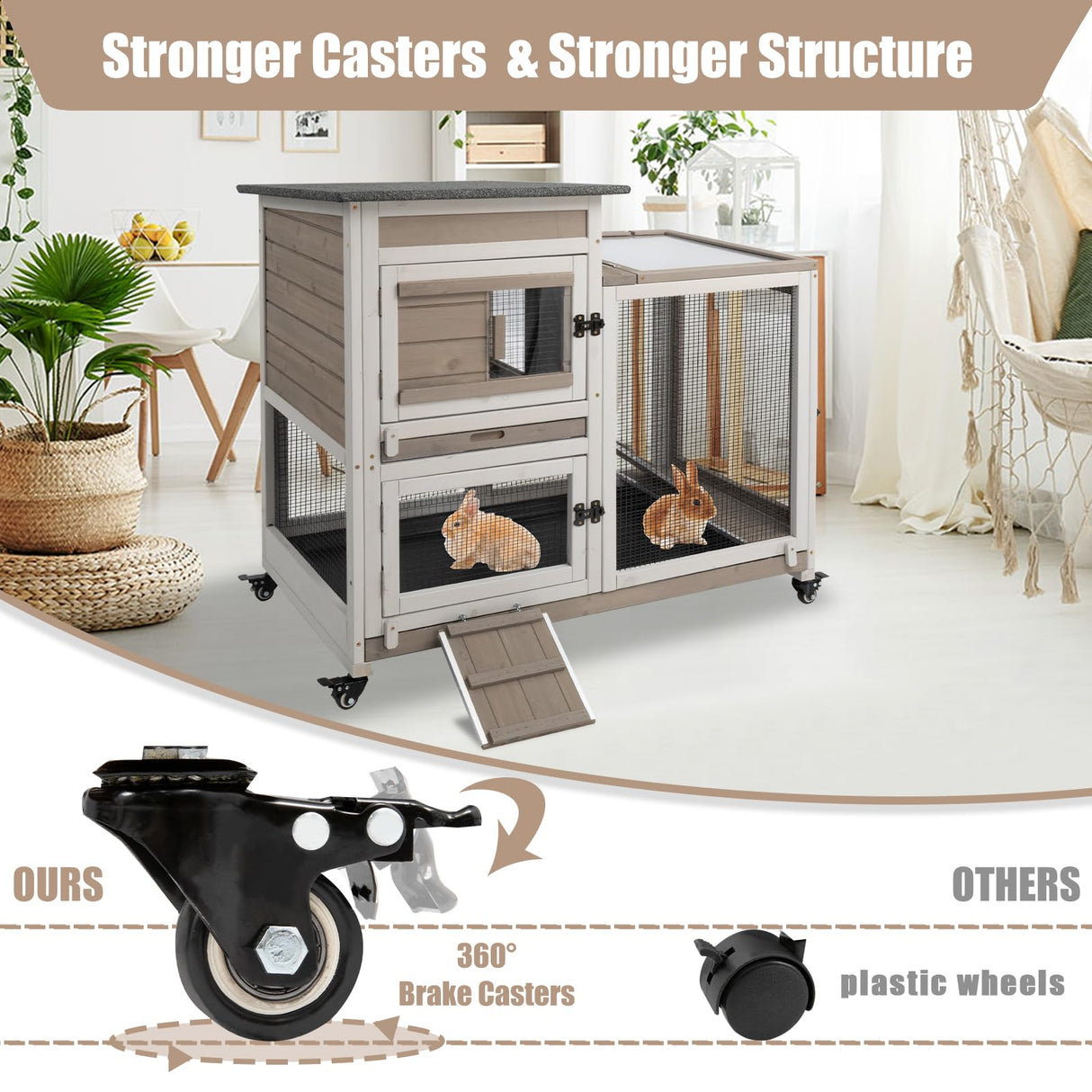 PetsCosset Rabbit Hutch Indoor 40" L Large 2 Story Outdoor Wooden Bunny Hutch with Run, 4 Metal Wheels & 2 Deeper Trays, UV-Proof Panel Rabbit Cage Guinea Pig Pet House for Small-Medium Animals PetsCosset