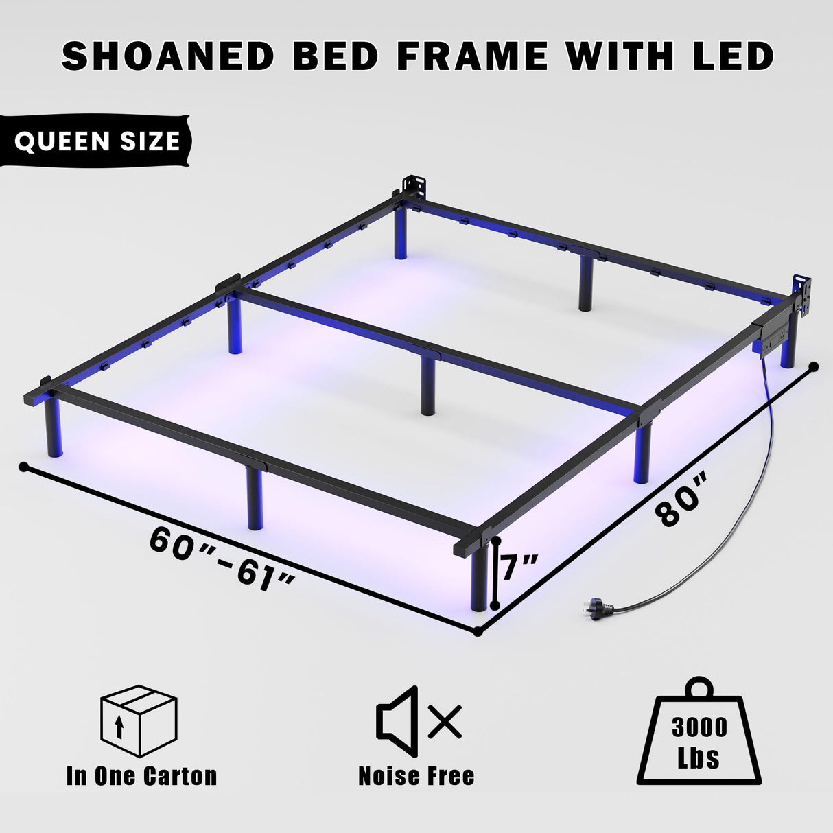 SHOANED Queen Size Bed Frame with LED, 7 Inch Metal Steel Bedframe for Box Spring and Mattress, Heavy Duty Basics Bed Base, Noise Free, Easy Assembly, Black, Adjustable SHOANED
