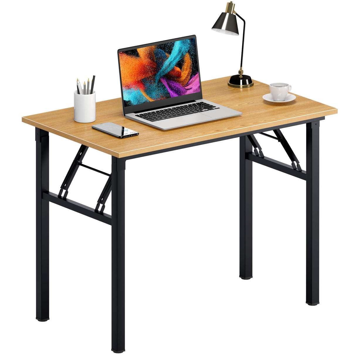 Need Folding Desk for Home Office 39-3/8'' Length Modern Folding Table Computer Desk No Install Needed Teak Color Desktop Black Frame, AC5BB(10060) Need