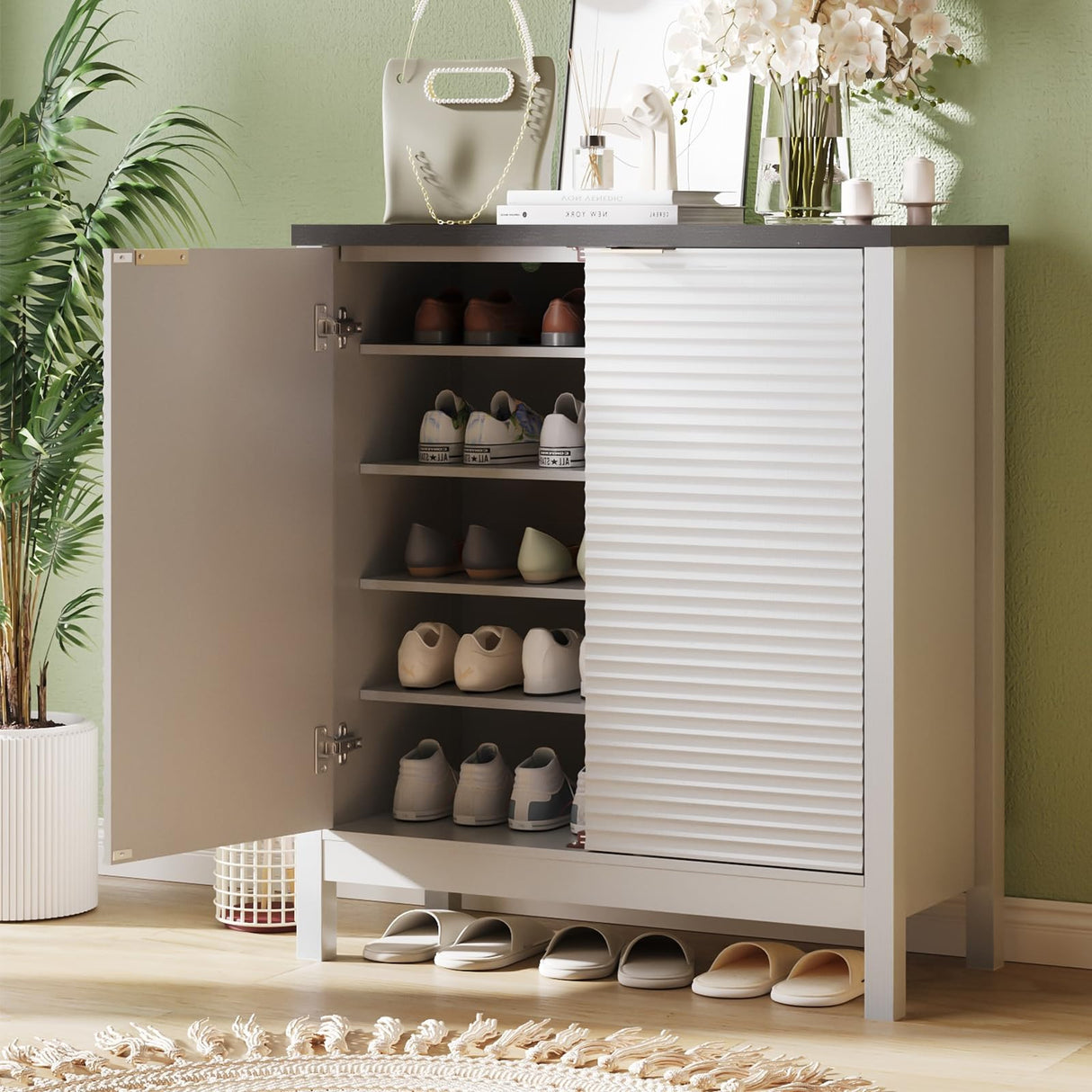 Maupvit 5-Tier Shoe Cabinet with Fluted Doors, Farmhouse Storage Cabinet with Adjustable Shelves, Wooden Shoe Rack Organizer Cabinet for Entryway, Foyer, Hallway, Living Room, White Maupvit