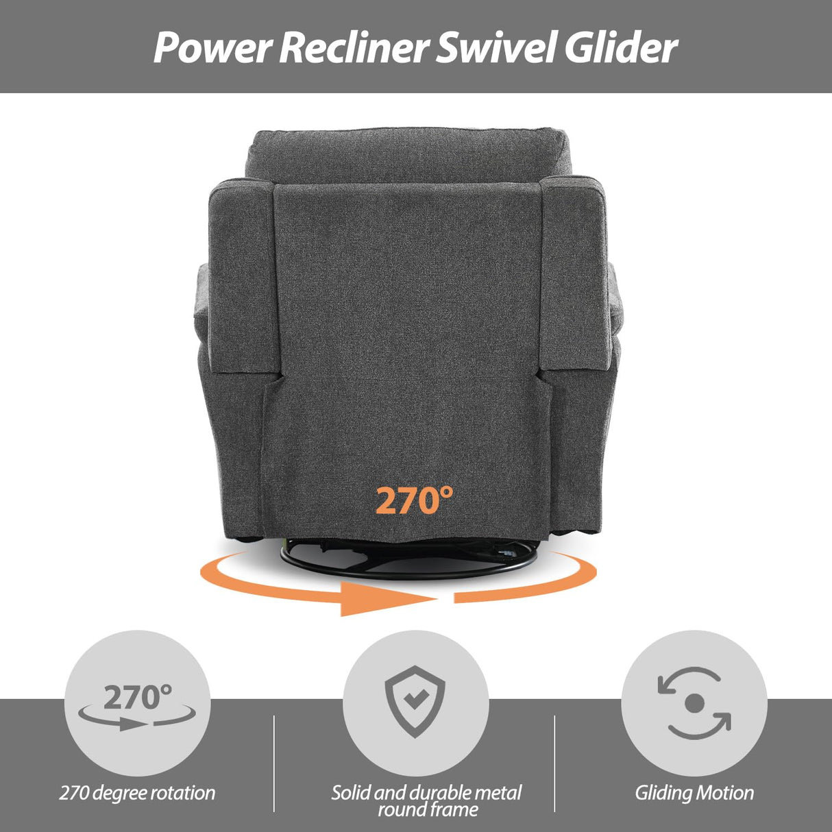 INZOY Glider Recliner Nursery Chair, Power Recliner Swivel Gider, Fabric Electric Swivel Recliner Rocker with Overstuffed Backrest, Power Recliner Chair Reclining Sofa for Living Room, Grey INZOY