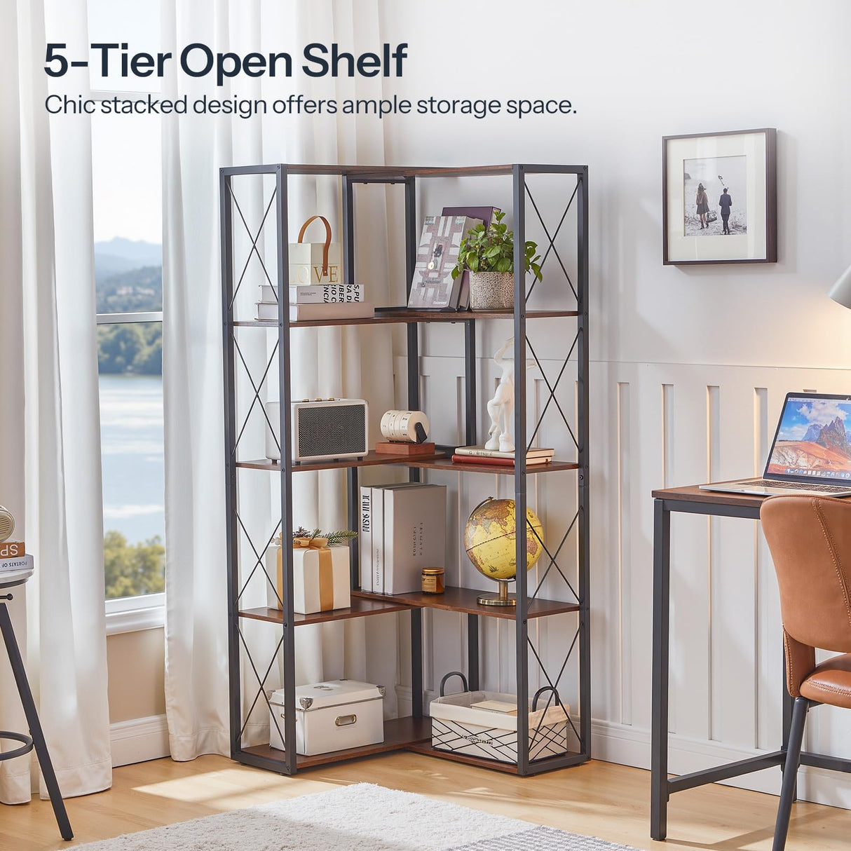 HOOBRO Corner Bookshelf, 5-Tier Industrial Corner Bookcase, Open Display Storage Rack, Vertical or L-Shaped, for Office, Living Room, Bedroom, Rustic Brown and Black BF66SJ01 HOOBRO