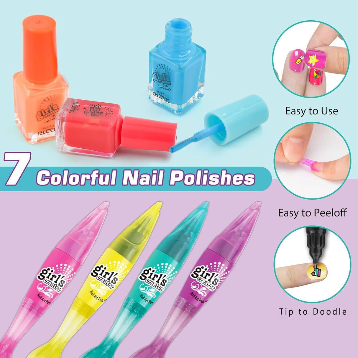 Amagoing Kids Nail Polish Set for Girls, Nail Kit for Girls Ages 7-12 with Nail Dryer, 2 in 1 Nail Pens, Sticky Cartoon Press on Fake Nail, DIY Sticker, Nail Set Play Salon Birthday Christmas Gift Amagoing