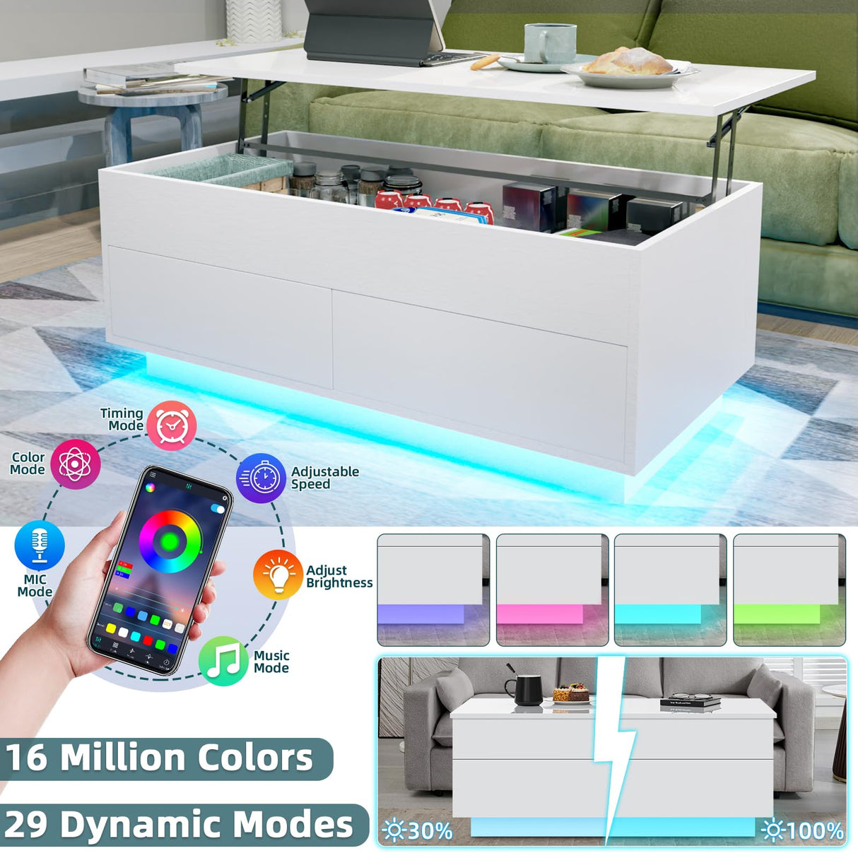 LED Coffee Table for Living Room Lift Top Coffee Tables with Storage Morden High Gloss 4 Tiers Black Tea White Center Tables Sofa Hidden Compartment & 2 Drawers HOMMPA