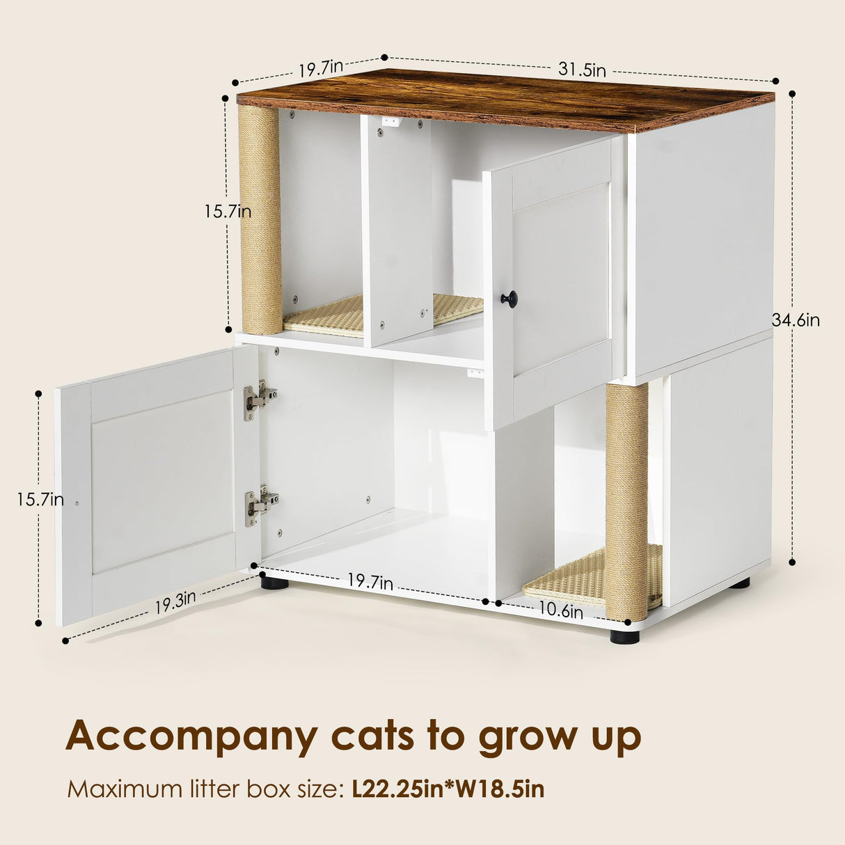 Litter Box Enclosure for 2 Cats, Hidden Litter Box Furniture with Double Room, Dog-Proof Litter Box Enclosure, Cat Washroom Furniture with Shelf and Cat Scratching Post, Suitable for Most Litter Boxes Fmlud