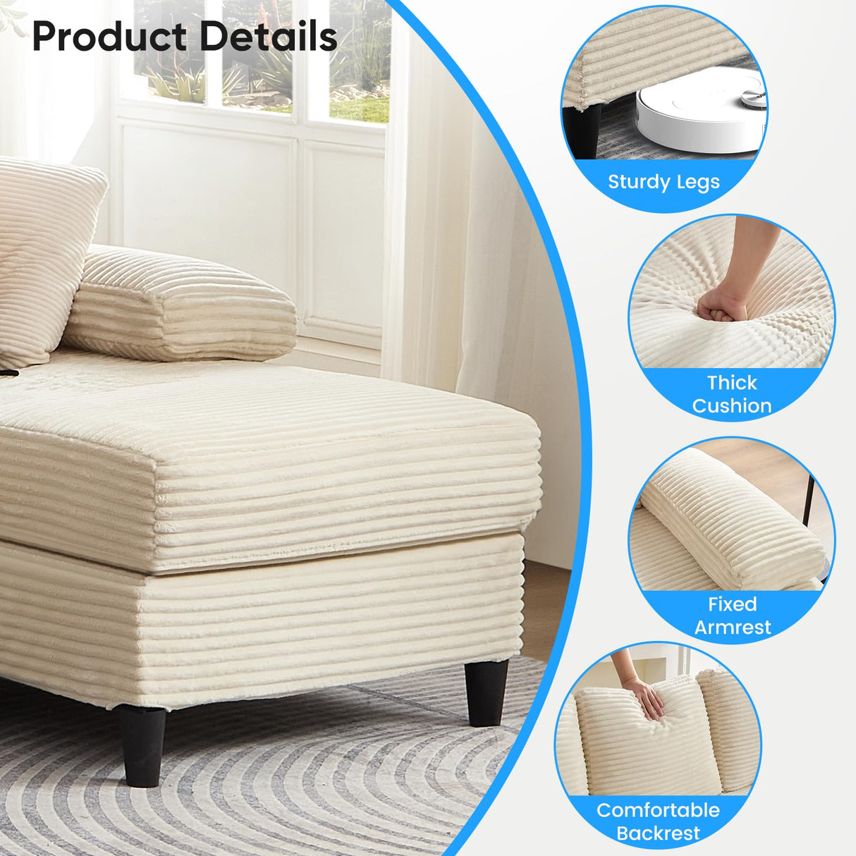 Mjkone 4 Seater Sectional Sofa Couches for Living Room Sets Furniture, 112" Width U-Shaped Corduroy Living Sofa Set with Double Chaises, Sleeper Couch Set with Pillows for Home, Loft, Apartment, Beige Mjkone