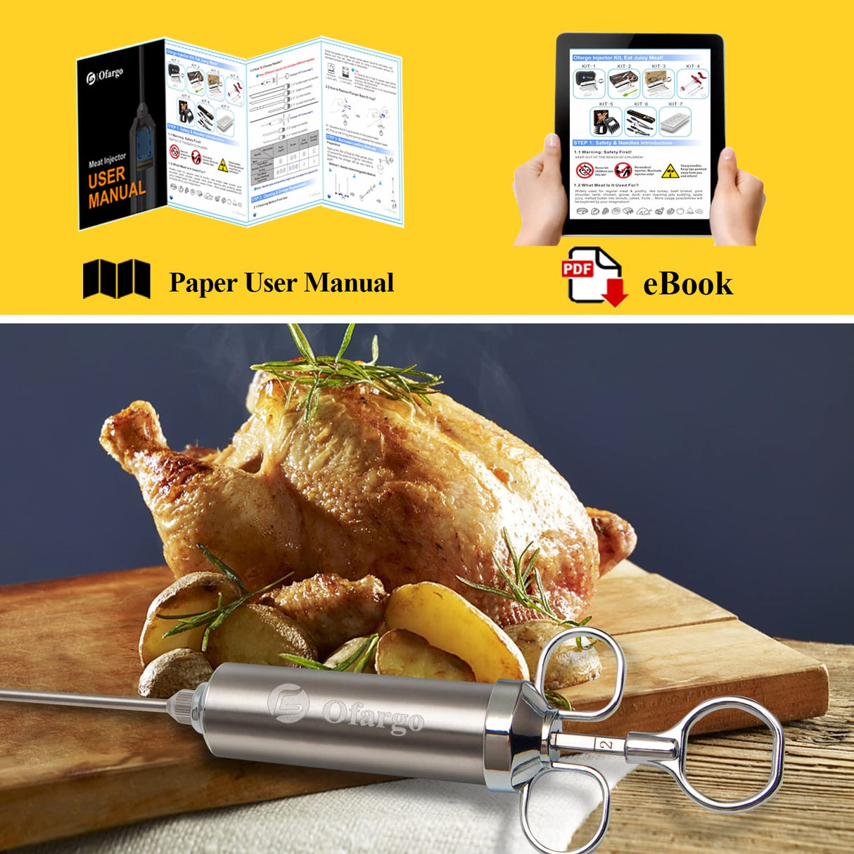 Ofargo Meat Injector, Meat Injectors for Smoking with 3 Marinade Injector Needles; Injector Marinades for Meats, Turkey, Brisket; 2-oz Ofargo