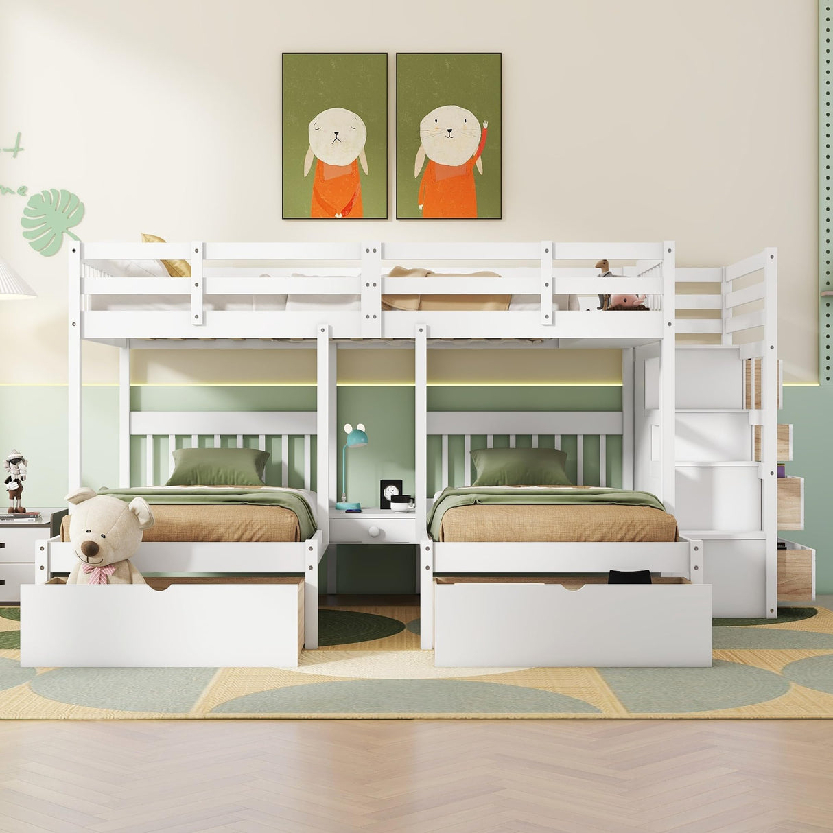 Harper & Bright Designs Triple Bunk Beds with Drawers, Wood Full Over Twin & Twin Bunk Bed with Storage Staircase, Triple Bed for Kids,3 Bed Bunk Beds with Storage for Girls Boys,White Harper & Bright Designs