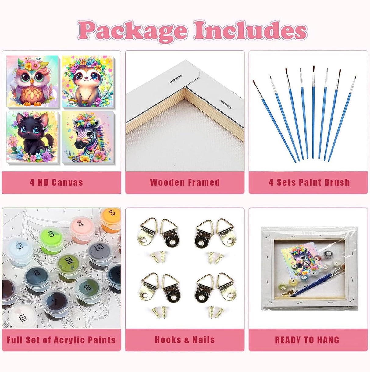 YarnWhimsy 4 Pack Paint by Numbers Kit for Kids with Frame- Animals Paint by Numbers for Kids Ages 4 8 12, Easy Owl Cat Sloth Zebra DIY Acrylic Oil Painting Kits for Home Wall Decor(8X8inch) YarnWhimsy