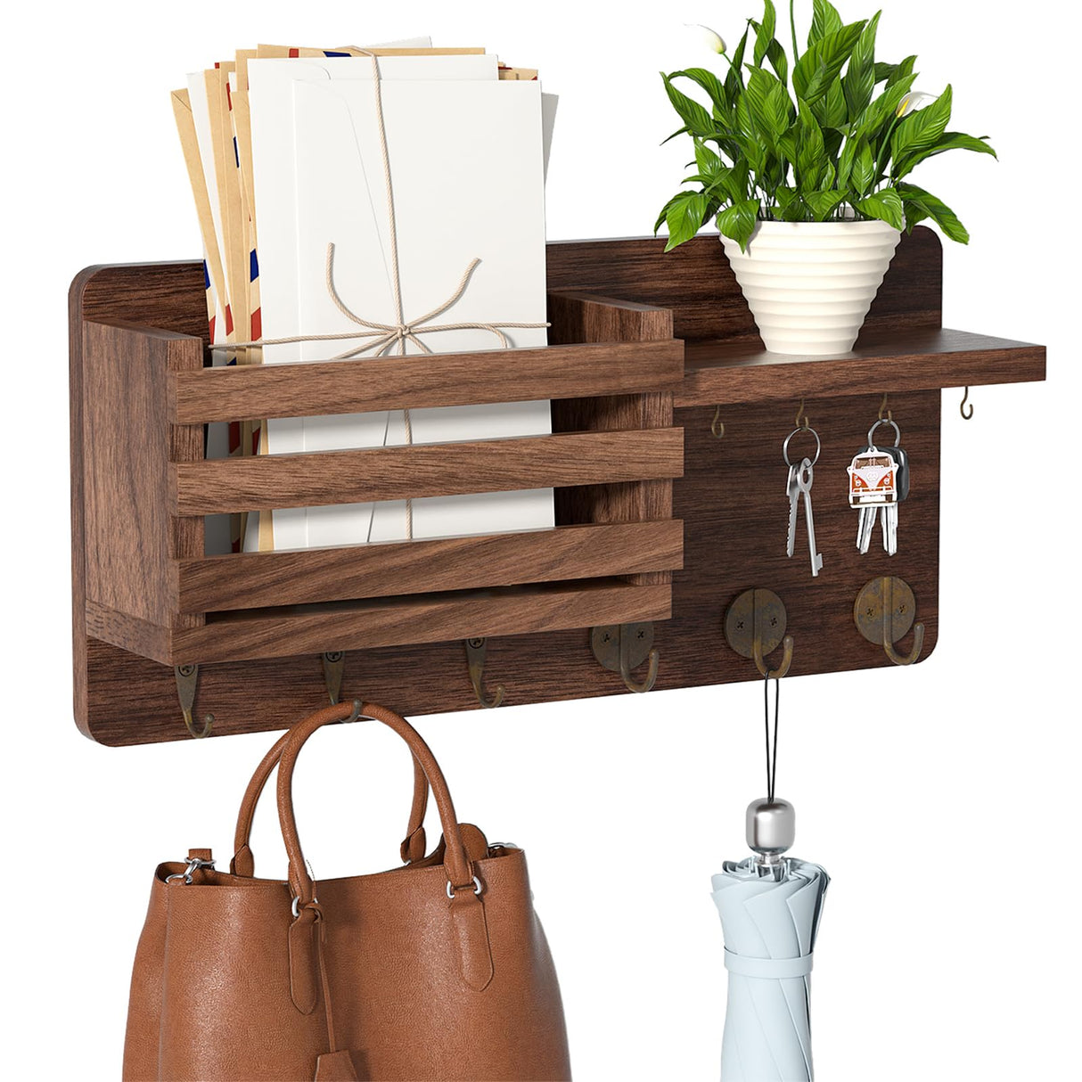 Key Holder Wall Mount, Key and Mail Holder for Wall, Wall Key Holder with Shelf and 6 Large Hooks for Bags, Coats, Umbrella, Wood Key Shelf for Entryway, 4 Small Key Hook, Wallet/Dog Leash Holder,Pine Longtor