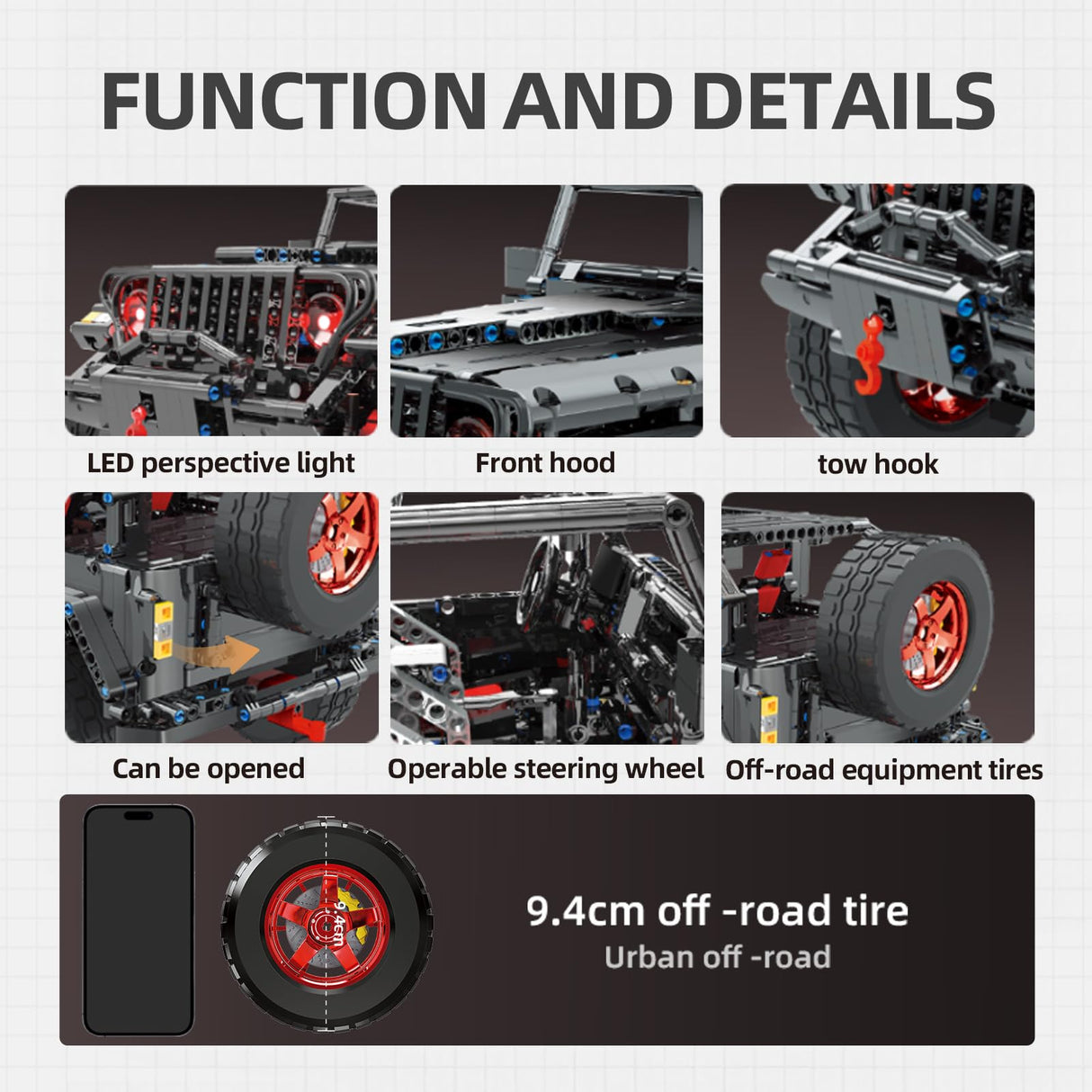 RC Off-Road SUV Wrangler Black Warrior Building Kits, 1/8 Scale Pickup Truck Car with Remote Control Lights, Challenge Building Blocks Gift for Technical Enthusiasts Adults & Teens Age 14+ (2272PCS) MOCBROPCS