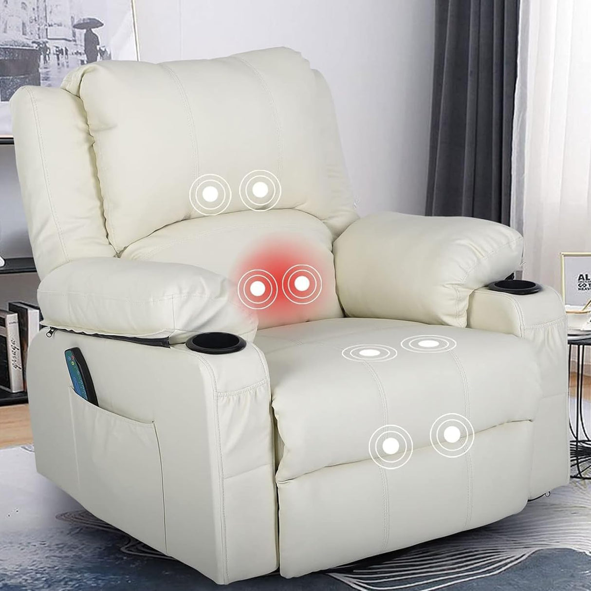 White Recliner Rocker Chairs with Heat,Massage Chair Recliner Leather Swivel Recliners for Living Room, Manual Reclining Lounge Chairs Overstuffed Single Sofa Chair for Adults KCREAM