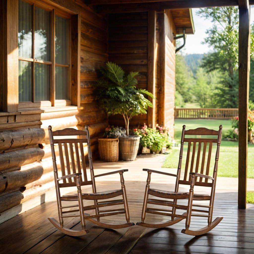 BplusZ Outdoor Patio Rocking Chairs Set of 2 Porch Wooden Comfy Rockers for Adult Furniture Indoor Outside Camping Balcony Garden Backyard Lawn and Bistro, Brown BplusZ