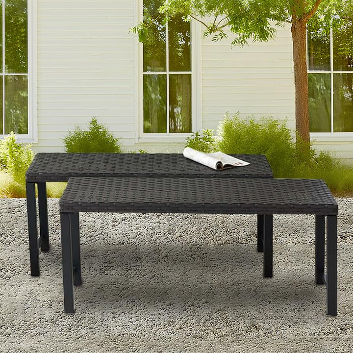 Seekverse 46" Outdoor Rattan Backless Bench Set of 2, All-Weather Patio Garden Bench for Backyard, Porch, or Lawn, Durable Steel Bench for Outdoor Spaces Seekverse