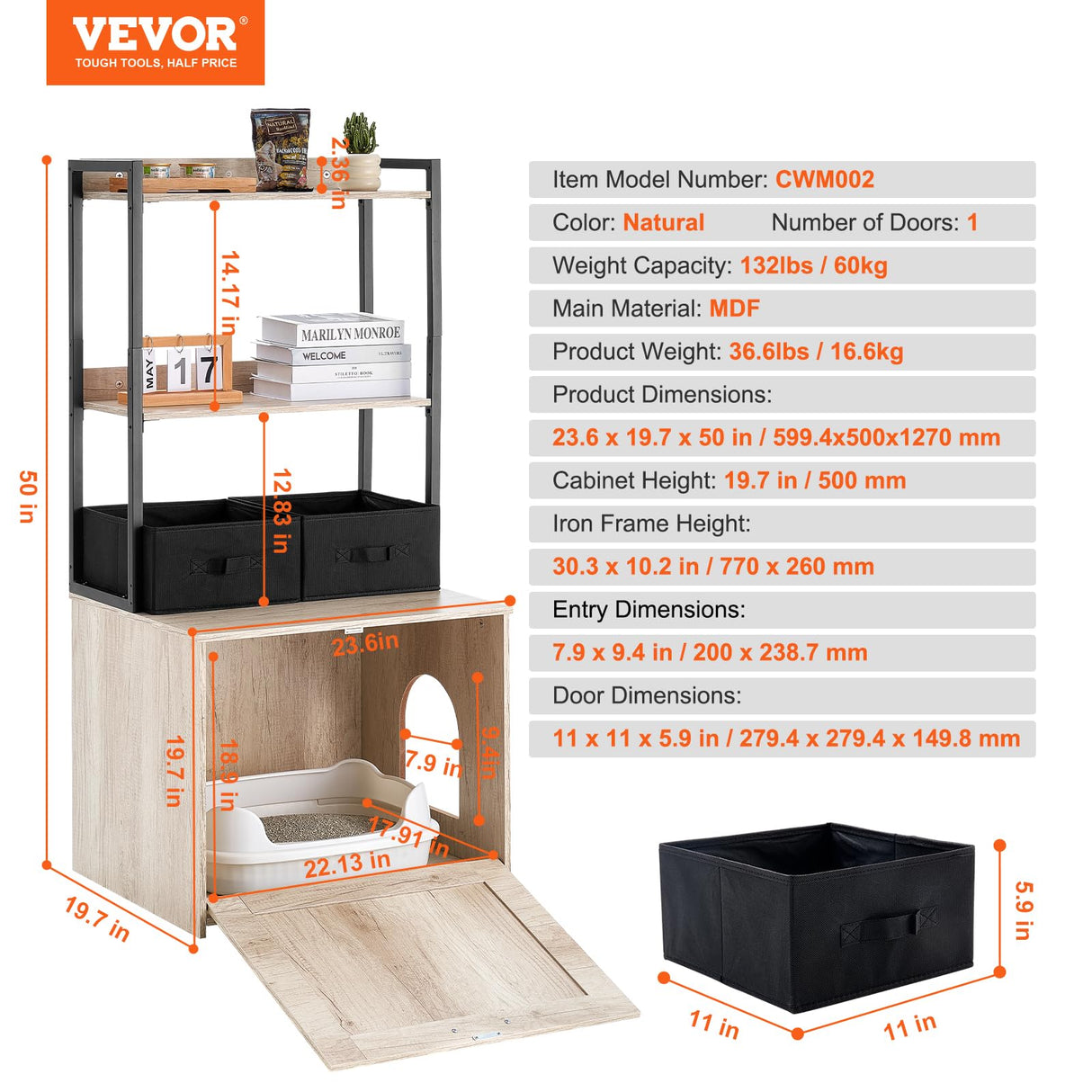 VEVOR Cat Litter Box Enclosure, Hidden Litter Box Furniture with 2 Storage Shelves & 2 Baskets, Wooden Cat Washroom Indoor, Cat House Cabinet Fit Most of Litter Box, 23.6"L x 19.7"W x 50"H, Natural VEVOR