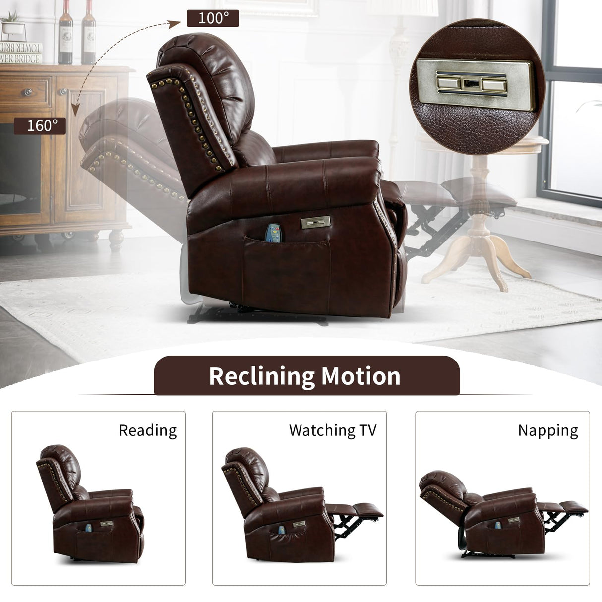 HAOMARKETS Classic Power Recliner Chair with Massage and Heat, Breathable Faux Leather Electric Recliner with USB Port, Overstuffed Reclining Sofa with Rivets for Living Room HAOMARKETS