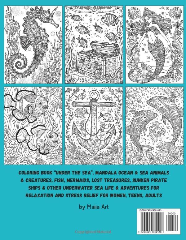 Sea Coloring Book For Adults: Coloring Book “Under The Sea”, Mandala Ocean & Sea Animals & Creatures, Fish, Mermaids, Lost Treasures, Sunken Pirate ... And Stress Relief For Women, Teens, Adults WoodArtSupply