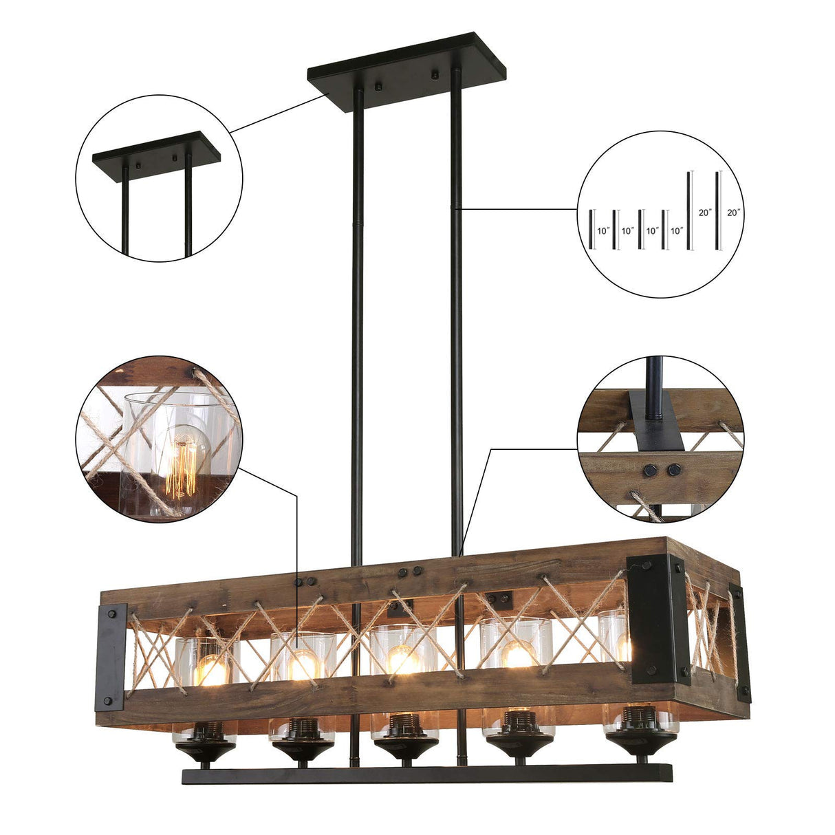 LALUZ Farmhouse Chandelier, 5-Light Kitchen Island Lighting with Clear Glass, Wood and Black Finish, 32 Inches LALUZ