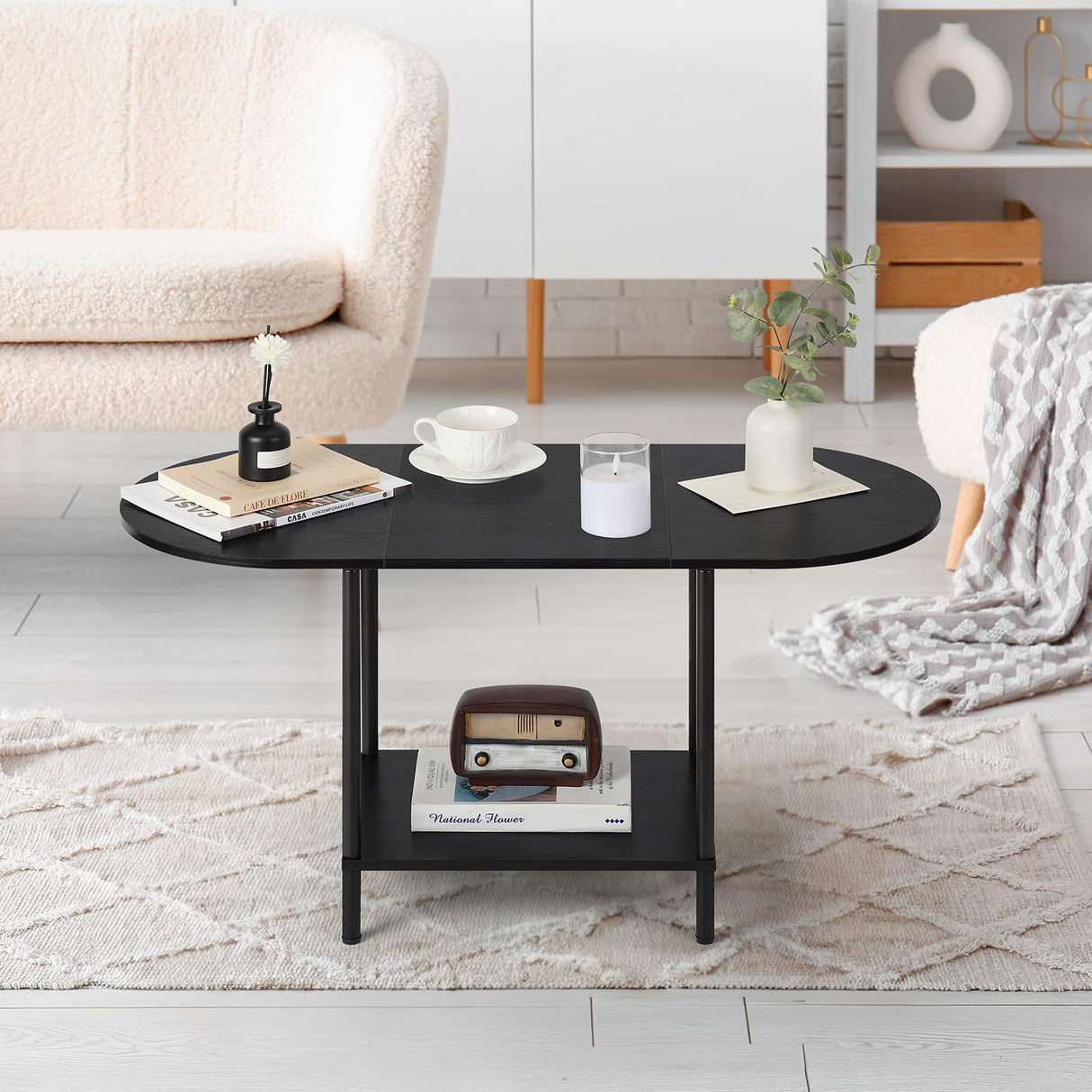 Coffee Tables for Living Room,2-Tier Small Coffee Table Industrial Modern Black Coffee Table with Storage Shelf and Wood Tabletop for Small Space,Home Office Shinoske