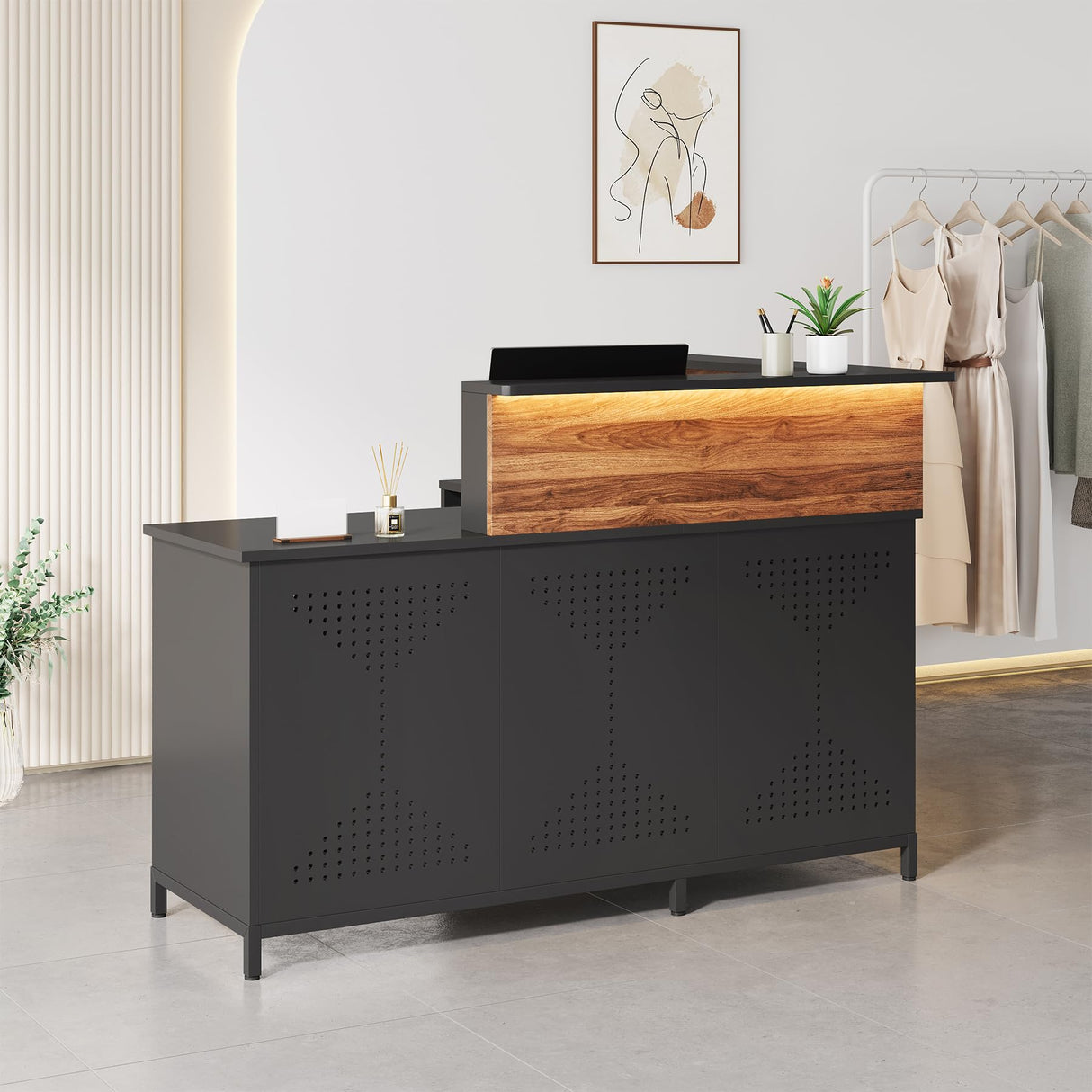 Condemo L-Shaped Reception Desk with LED Lights, 60 inch Modern Front Desk, Checkout Counter Table for Office, Lobby, Cafe, Beauty Salon, Black and Walnut Condemo