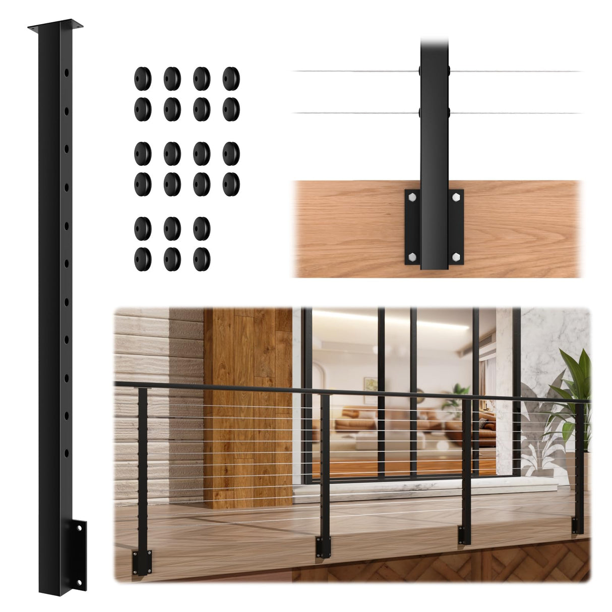 Gyykzz Side Mount Cable Railing Post 36" (Post Body 44"), Level Drilled Space-Saving Rail Post with 11 Holes, Stainless Steel Fascia Mount Cable Railing Kit System, Black Indoor Outdoor Deck Post Gyykzz