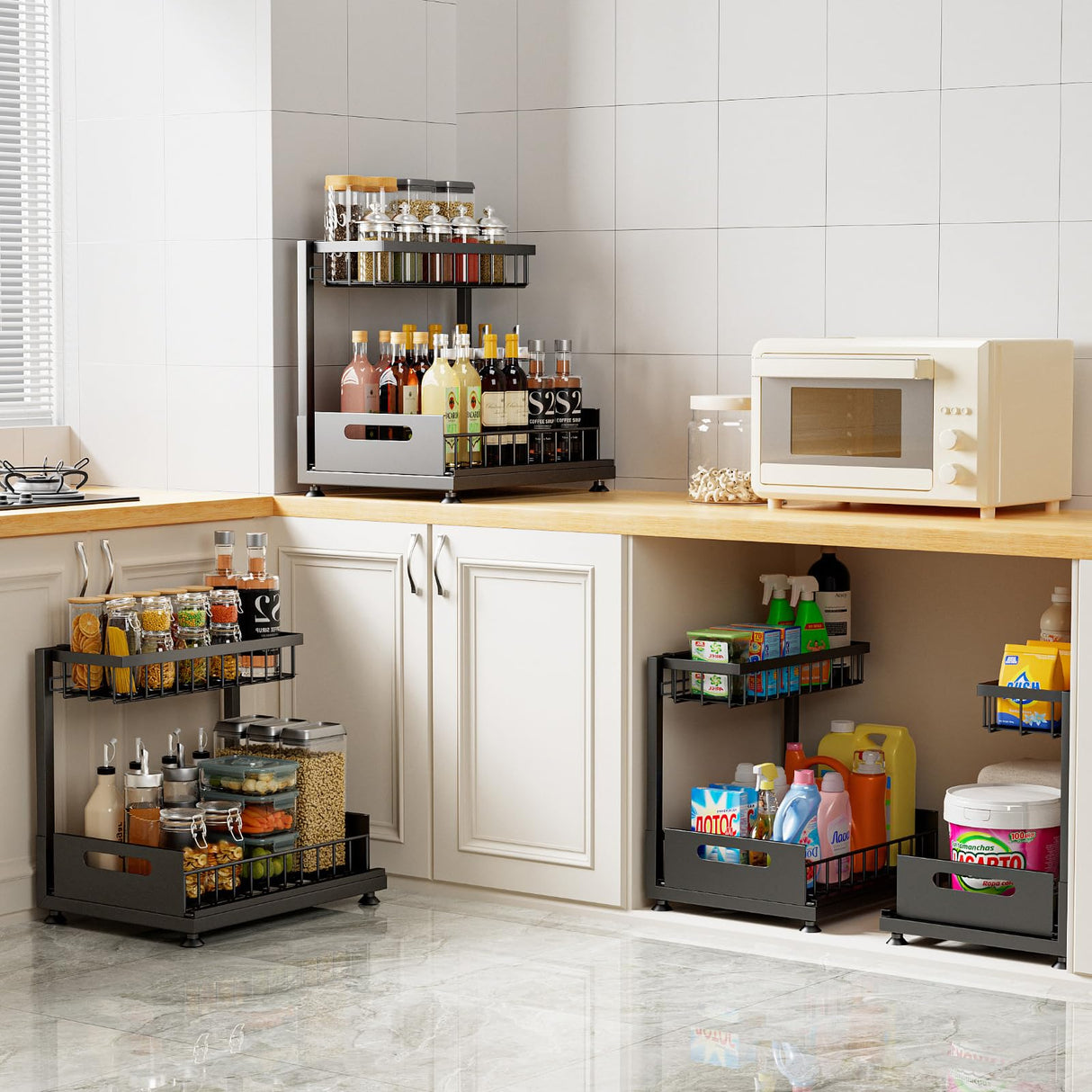 2 Pack Under Sink Organizer Storage 2-Tier Premium Metal Pull-Out Racks, Height Adjustable, Easy Installation | Kitchen & Bathroom Organizers Saydear