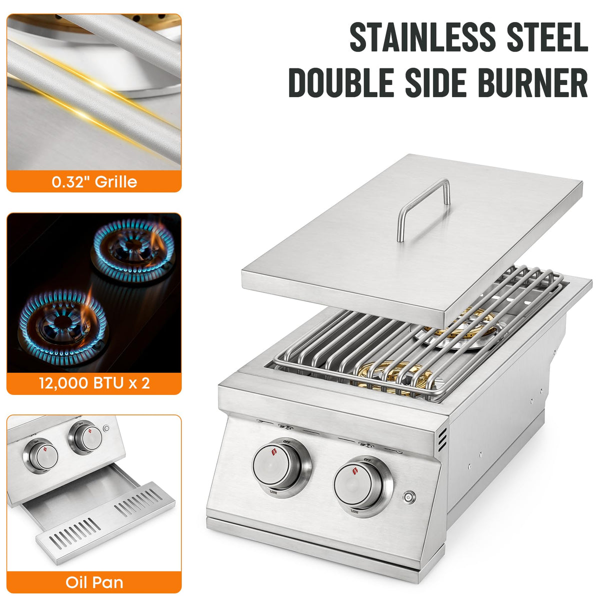 Hygrill 24,000BTU Liquid Propane Double Side Burner, Built In Double Grilling Side Burners for Outdoor Kitchen, Outdoor BBQ Grill Island Stanbroil