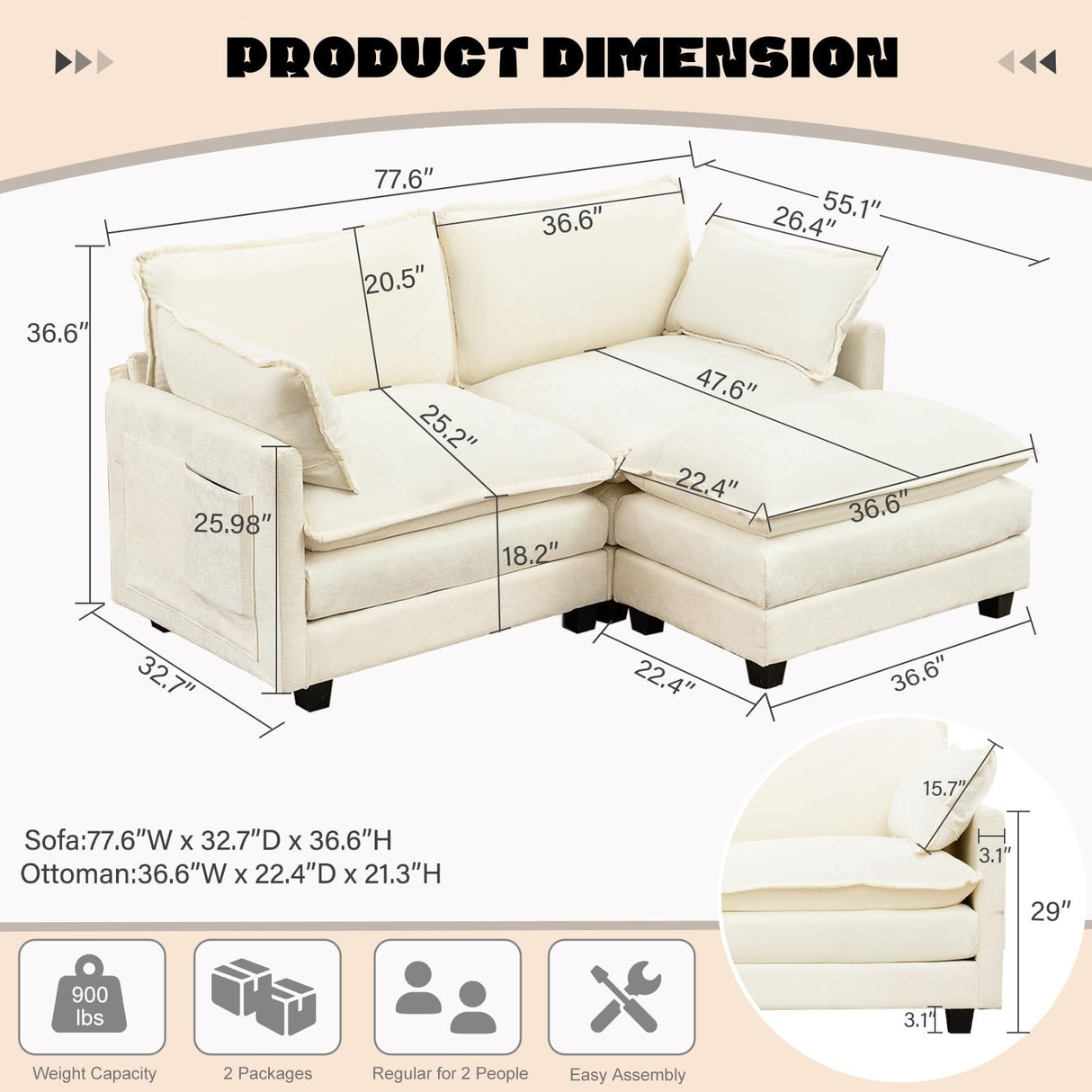 GlasFlength Sectional Couches for Living Room - L Shaped Couch Cloud Couch Comfy Sectional Couches, 77.6" 2 Seat Sofa Comfy Sectional with Ottoman/Pillows for Apartment, Bedroom, Cream White GlasFlength
