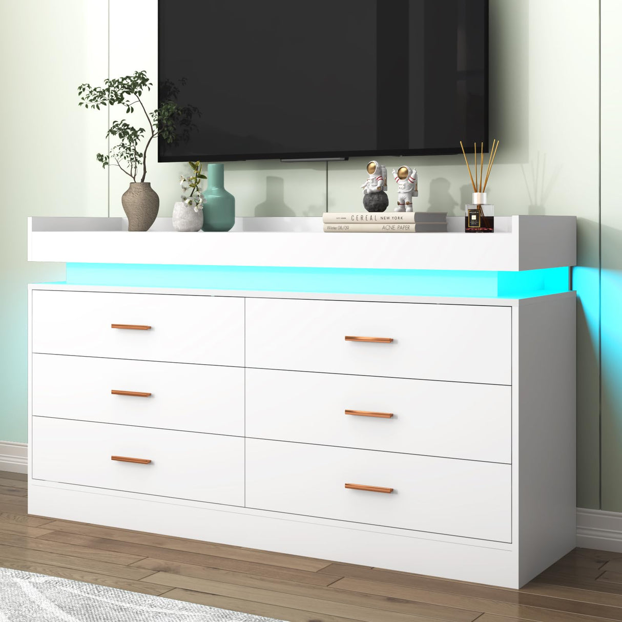 Hlivelood 6 Drawer Dresser with LED Light and Charging Station, Modern Chest of Drawers for Closet, Wide Drawer Organizer Cabinet for Bedroom, Living Room, Entryway, Hallway(6 Drawer White) Hlivelood