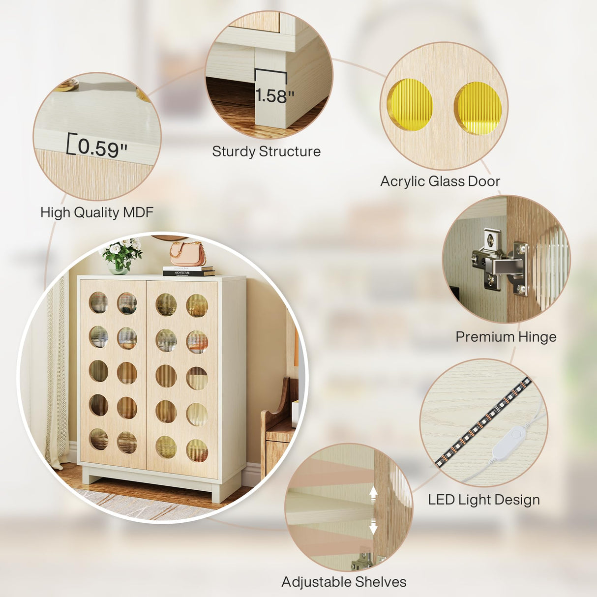 Tribesigns Shoe Cabinet with Adjustable Shelves: Modern Storage Buffet Cabinet with Acrylic Doors and LED Light, 5-Tier Wood Shoe Storage Organizer for Entryway, Living Room, Beige and Natural Wood Tribesigns