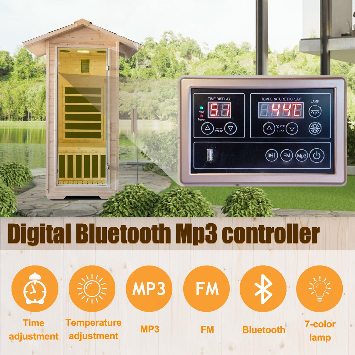 1 Person Far Infrared Home Sauna,Outdoor Indoor Wooden Dry Sauna Room with 5 Graphene Heating Panels,1400W/110V Tempered Glass Door, Oxygen Ionizer, 7 Chromotherapy Lights, Bluetooth Sound System Homsido