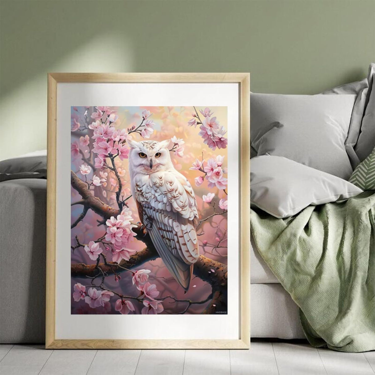 HMDIIMGE Cherry Blossom White Owl Diamond Painting Kits, 5D Full Round Gemstone Crystal Painting by Diamond Painting Art Kits for Adult, for Home Decor Living Room Decor and Relaxing Gift 12x16 Inch HMDIIMGE