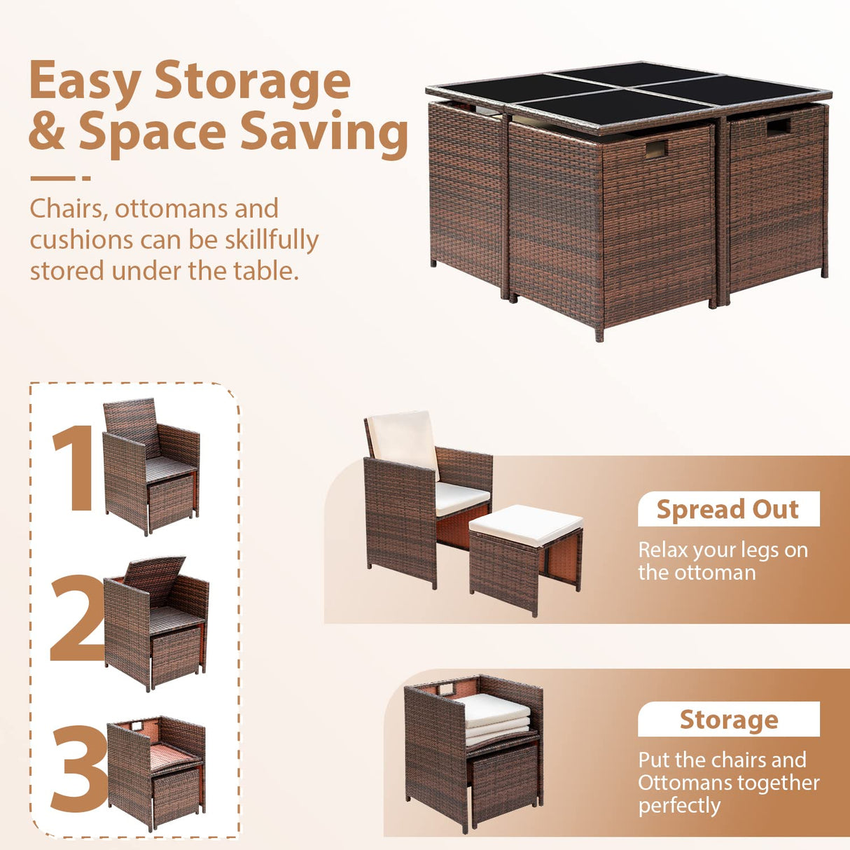 Homall 9 Pieces Dining Outdoor Furniture Patio Wicker Rattan Chairs and Tempered Glass Table Sectional Conversation Set Cushioned with Ottoman (Brown) Homall