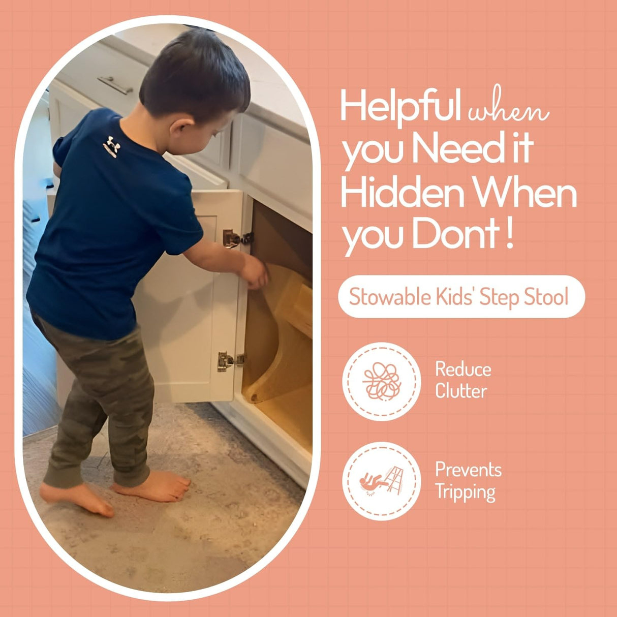 Hidden Helper Stow-Away Kid's Step Stool, Montessori Folding Two-Step Stool for Child Independence, Bamboo Wood Toddler Stepping Stool for Bathroom and Kitchen Hidden Helper