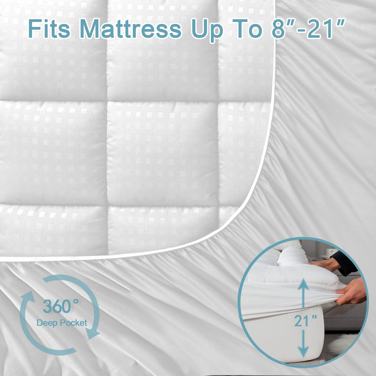 HYLEORY King Mattress Pad Quilted Fitted Mattress Protector Cooling Pillow Top Mattress Cover Breathable Fluffy Soft Mattress Topper with 8-21" Deep Pocket HYLEORY