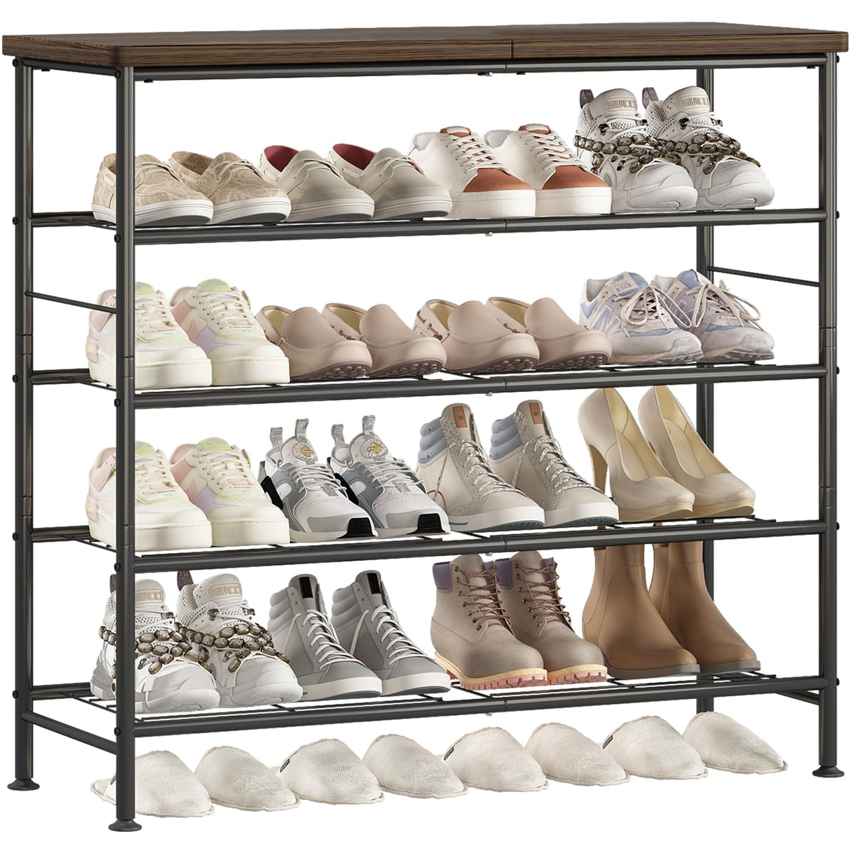 SUOERNUO Shoe Rack Organizer 5 Tier for Closet Entryway Free Standing Metal Storage Shoe Shelf with MDF Top Board,Black+Rustic Brown SUOERNUO