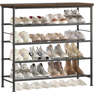 SUOERNUO Shoe Rack Organizer 5 Tier for Closet Entryway Free Standing Metal Storage Shoe Shelf with MDF Top Board,Black+Rustic Brown