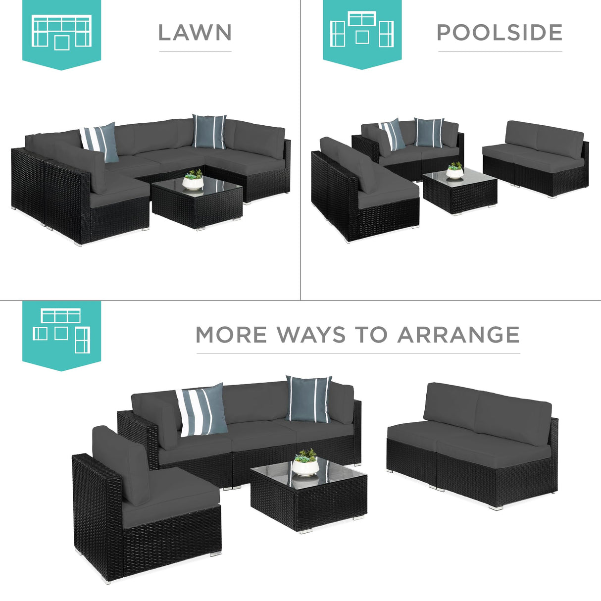 Best Choice Products 7-Piece Modular Outdoor Sectional Wicker Patio Conversation Set w/ 2 Pillows, Coffee Table, Cover Included - Black/Gray Best Choice Products