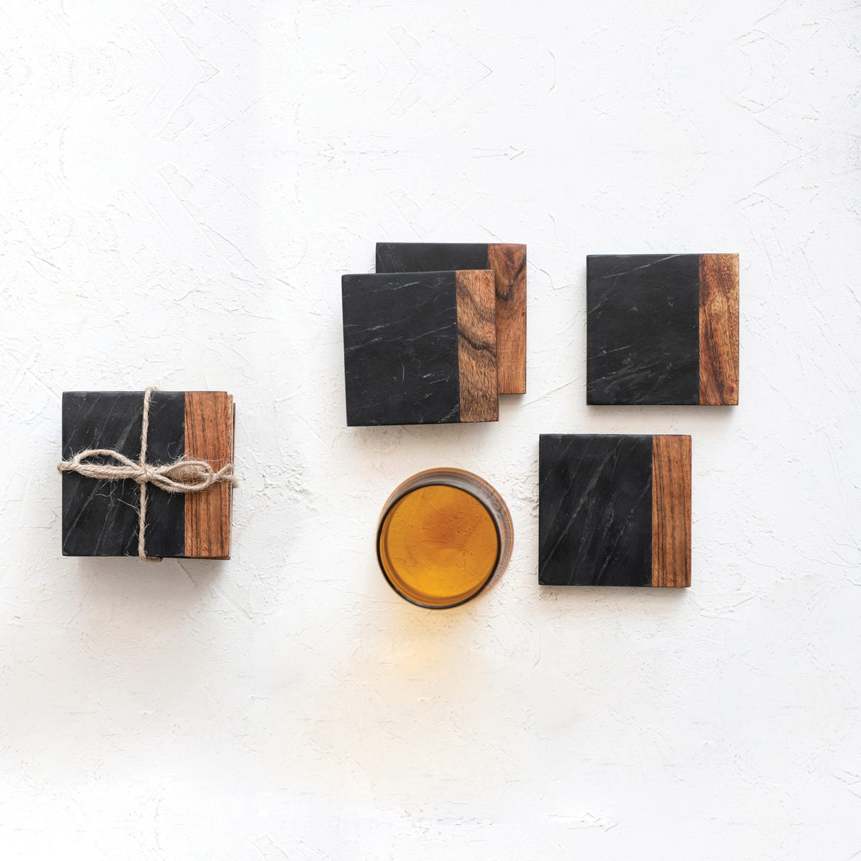 Creative Co-Op Marble and Acacia Wood 2-Tone, Black and Natural, Set of 4 Coaster Creative Co-Op