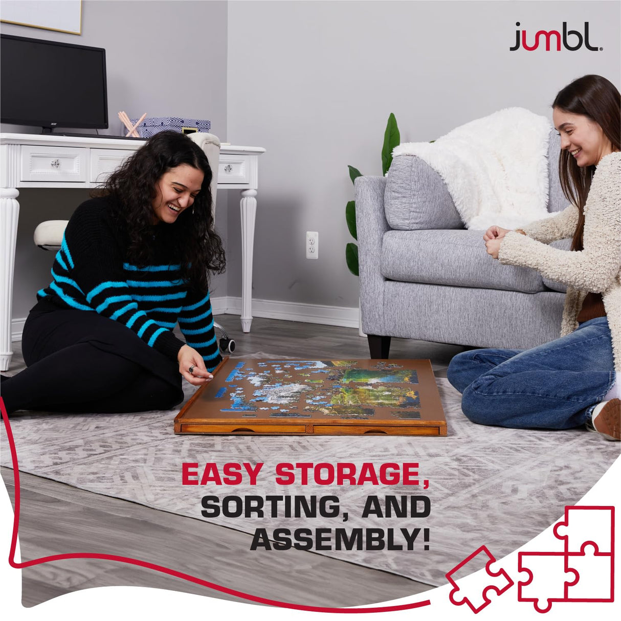 Jumbl 1500-Piece Puzzle Board | 27” x 35” Jigsaw Puzzle Table | 6 Removable Magnetic Sorting Drawers | Smooth Plateau Fiberboard Work Surface & Hardwood Construction | for Games & Puzzles Jumbl