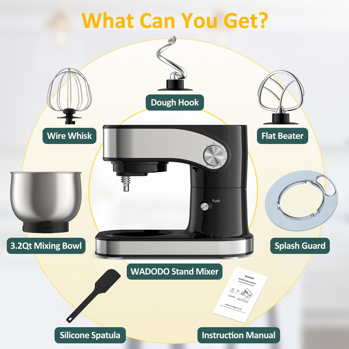 WADODO Stand Mixer, 3.2Qt Small Kitchen Mixer,6 Speeds Electric Food Mixer,Lightweight 304 Stainless Steel Kitchen Mixer with Bowl, Egg Whisk, Dough Hook, Flat Beater & Splash Guard - for Daily Use WADODO