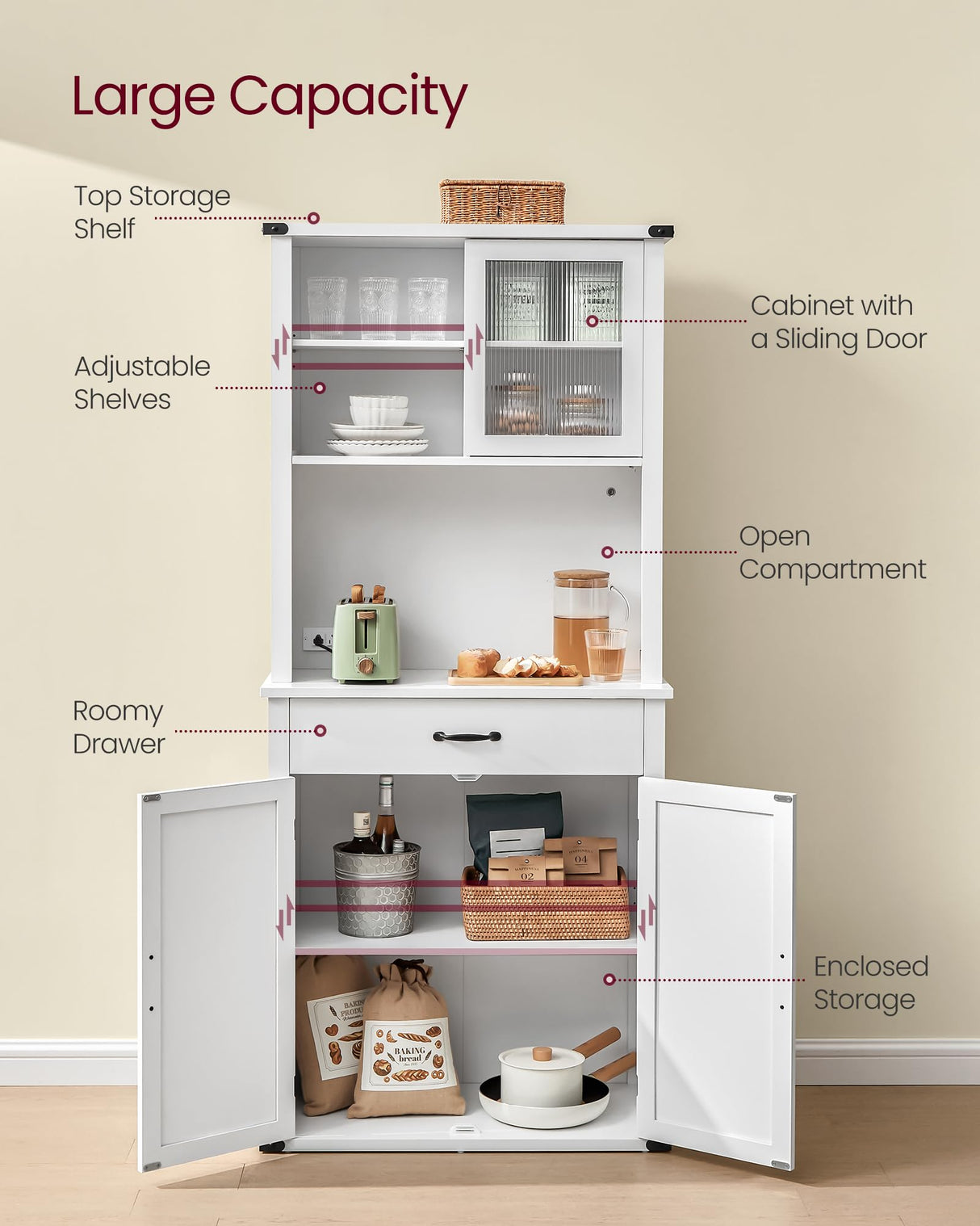 VASAGLE 71" Pantry Cabinet with Lights and Charging Station, Kitchen Pantry Cabinet with Doors and Drawer, Farmhouse Storage Cabinet, Coffee Bar VASAGLE