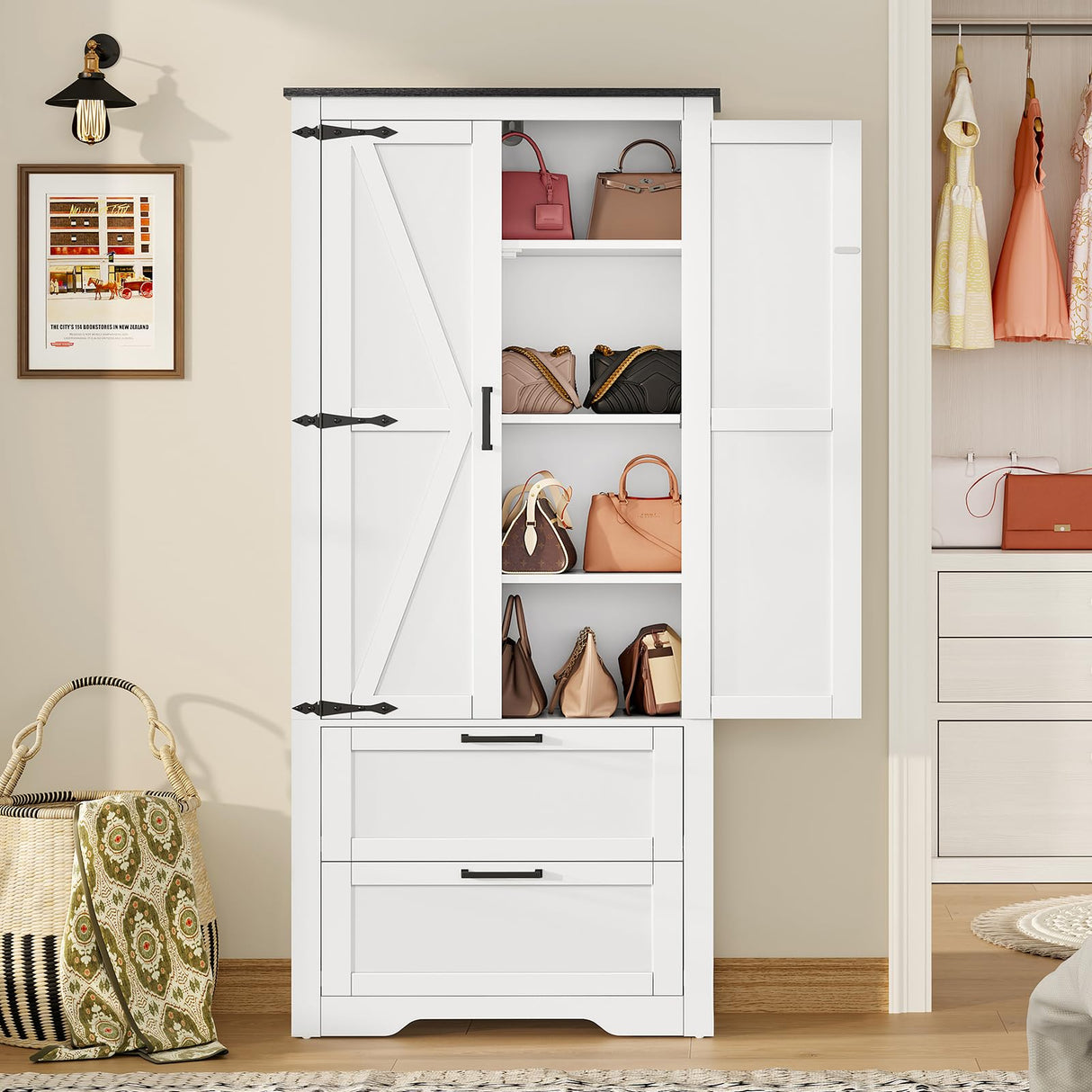 TEENFON 66.2" H Storage Cabinet with 2 Drawers, Farmhouse Kitchen Pantry Cabinet with 2 Doors & Adjustable Shelf, Bathroom Cabinet, for Living Room, Kitchen, Bathroom, White TEENFON