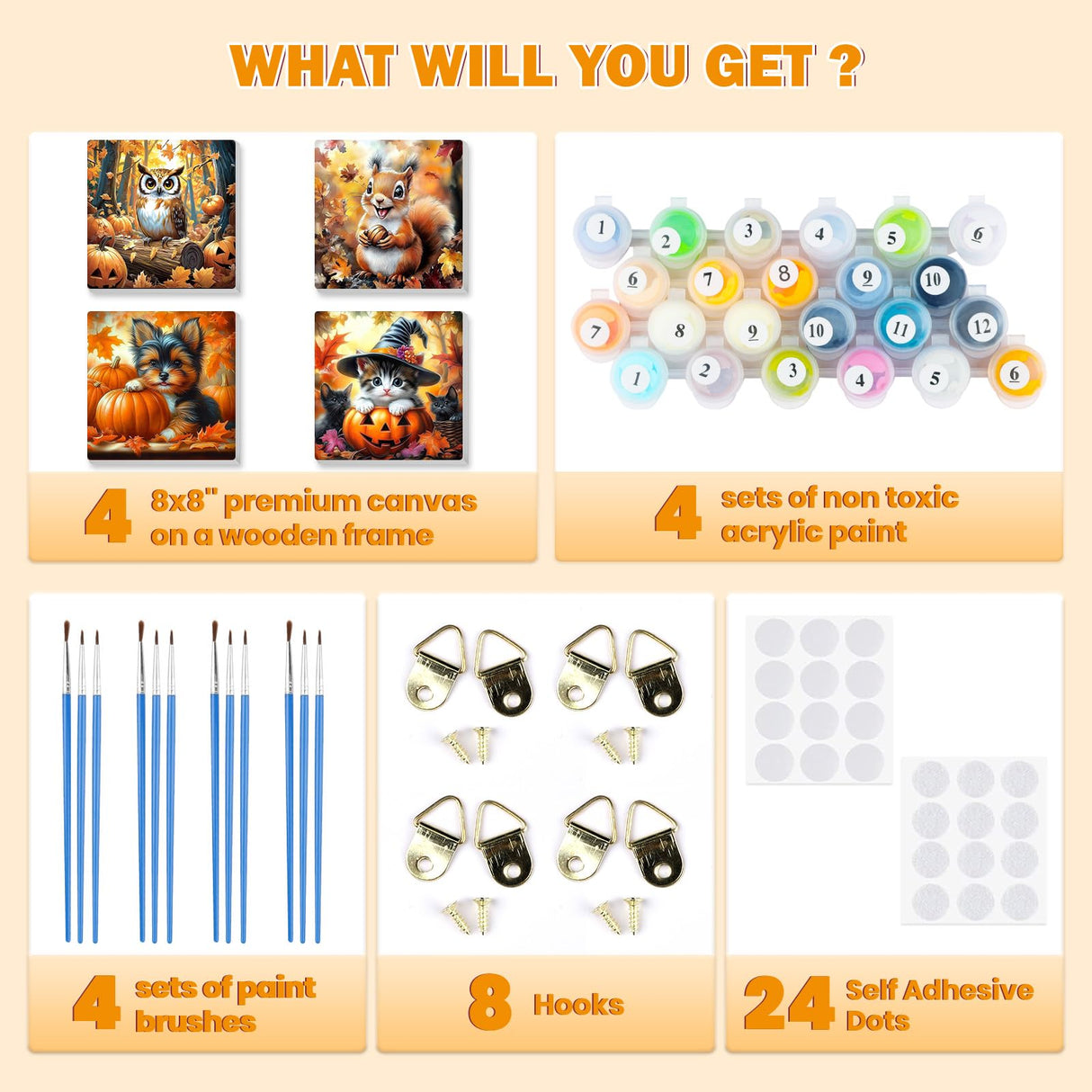 Bowetile 4 Pack Fall Framed Paint by Numbers for Adults Beginners, Easy Adults' Paint-by-Number Kits on Canvas, Acrylic Animals Number Painting Crafts Kits Halloween Gifts for Home Decor, 8x8in Bowetile