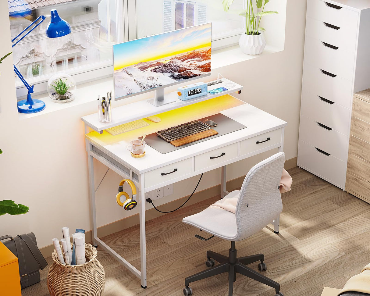 ODK 40 Inch Small Computer Desk with 3 Drawers and USB Power Outlets, Home Office Desks with LED Lights and Adjustable Monitor Stand, Work from Home, Modern Work/Writing/Study Table for Bedroom, White ODK