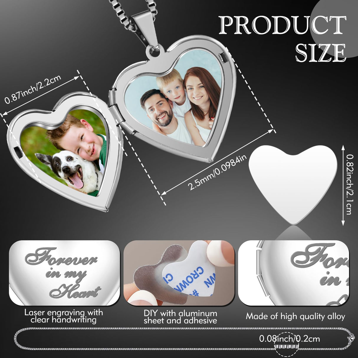 Aurelema 16 Pcs Forever in My Heart Locket Necklace Set Sublimation Pendant Trays Set That Hold Pictures Silver Locket Necklace 4 Bezel Tray 4 Chain 8 Sublimation Discs for Women Mom Gift Aurelema