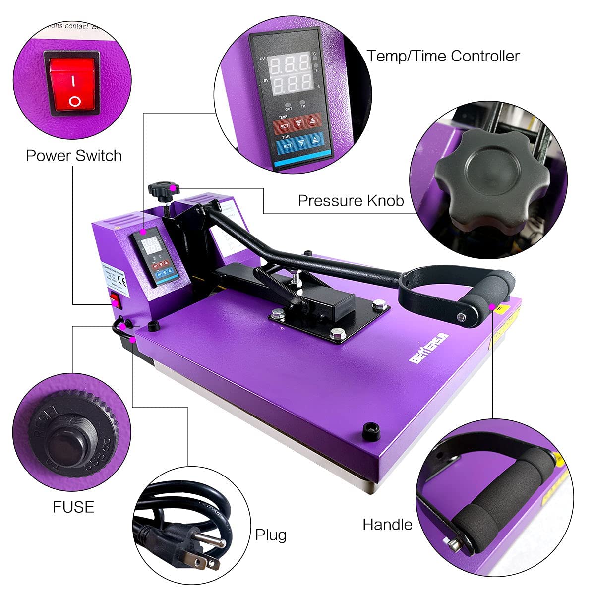 BetterSub 15‘’x15‘’ Industrial Heat Press Machine for T-Shirts, Sublimation, Transfers – Digital LCD Control, Teflon Surface, Clamshell Design, Safe & Durable - Purple BetterSub