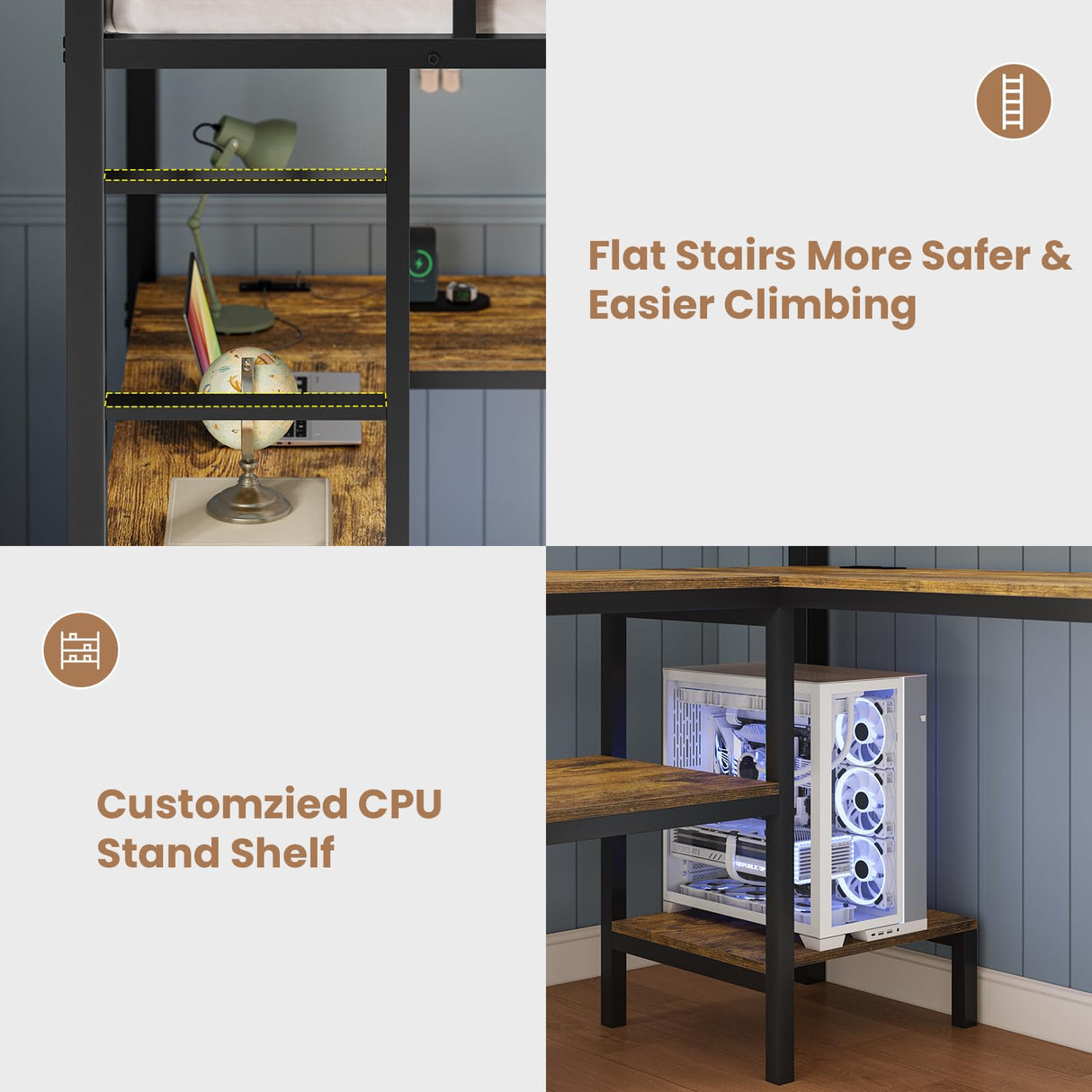 BTHFST Full Size Loft Bed with L-Shaped Desk and 3 Storage Drawers, LED Lights & Charging Station, Open Storage Shlef, Metal Loft Bed Frame with Solid Slats and Guardrail, Space Saving, Black BTHFST