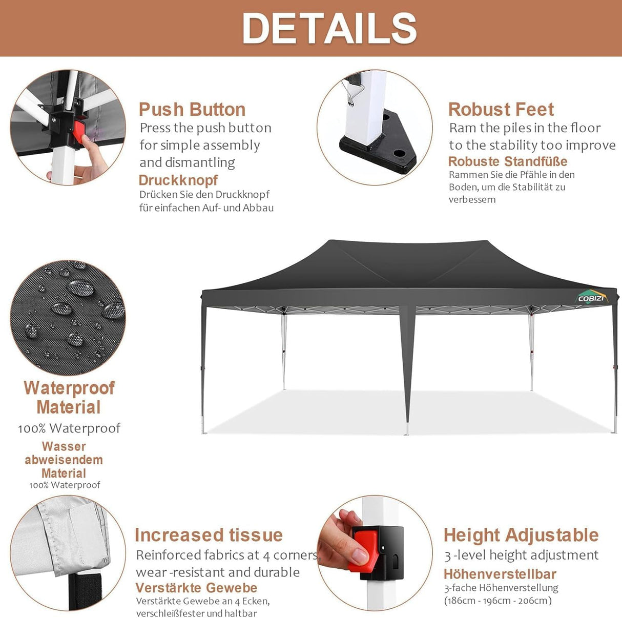 COBIZI 10x20 Pop Up Canopy with 6 Sidewalls,10x20 Canopy Tent Frame Upgraded with 3 Adjustable Heights,Waterproof UV50+ Outdoor Party Commercial Ez Up Gazebos with Carry Bag(10 x 20 ft Black) COBIZI